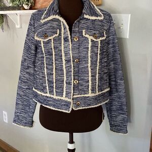 Catherine Malindrino tweed blazer jacket women’s size medium navy blue cream but